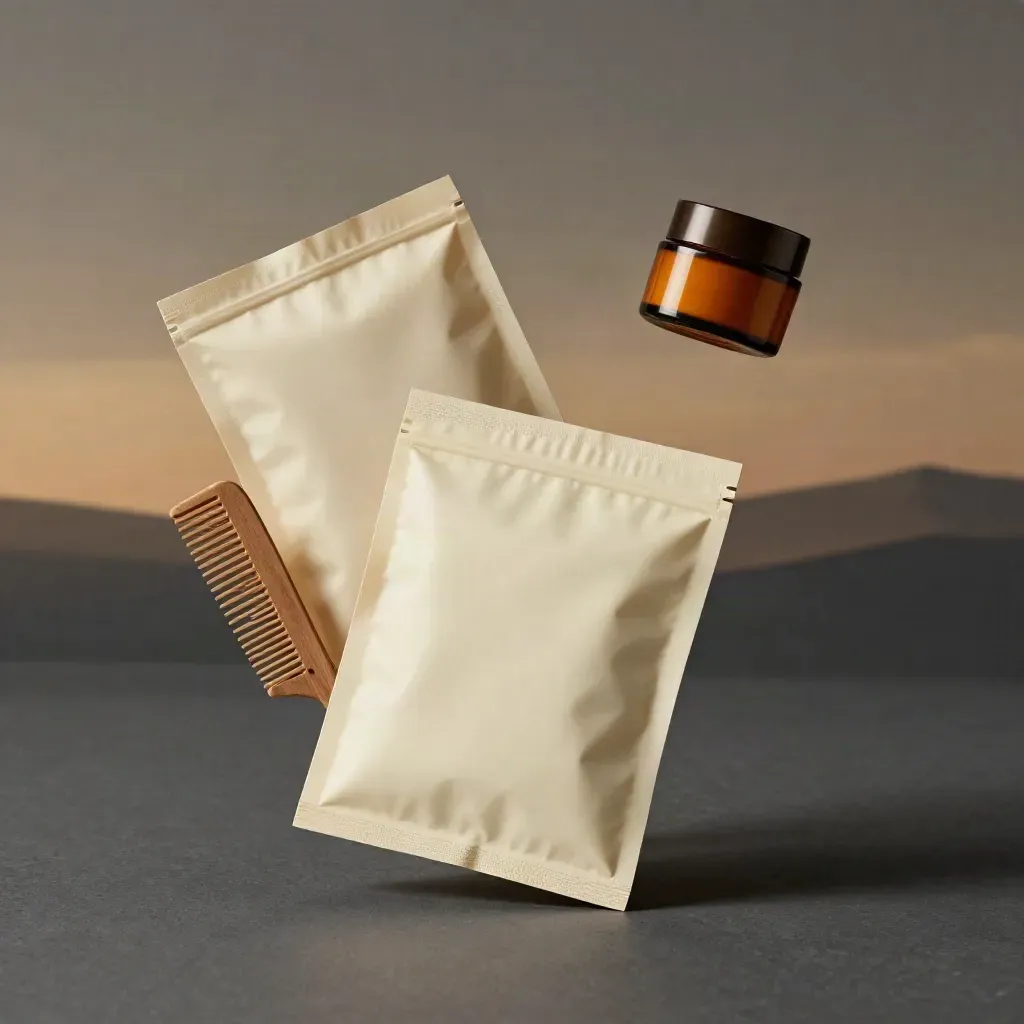 Kit riparazione argan sospeso su fondo scuro con pettine, barattolo e piega di lino.
