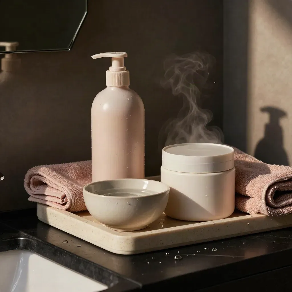 Set shampoo e maschera su pietra scura con riflessi d’acqua, vapore leggero e asciugamano rosa cipria.