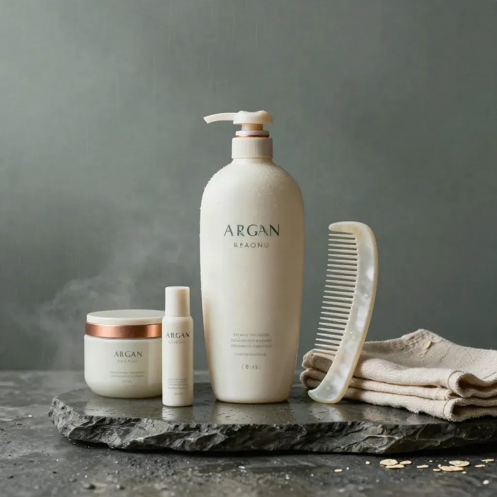 Flacone shampoo argan con mask, conditioner, pettine e asciugamano su pietra bagnata all’alba.
