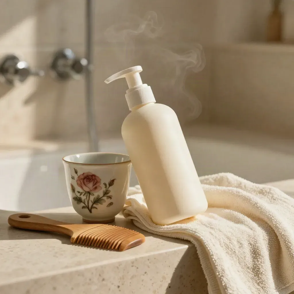 Balsamo liscio setoso tra asciugamano in spugna, pettine di legno e tazza ceramica rosa cipria.