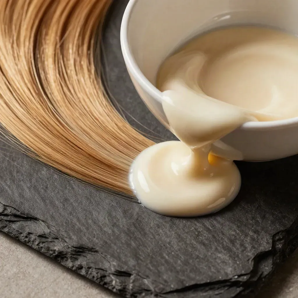 Primo piano della tinta castano chiaro con ciotola e pennello su pietra scura.