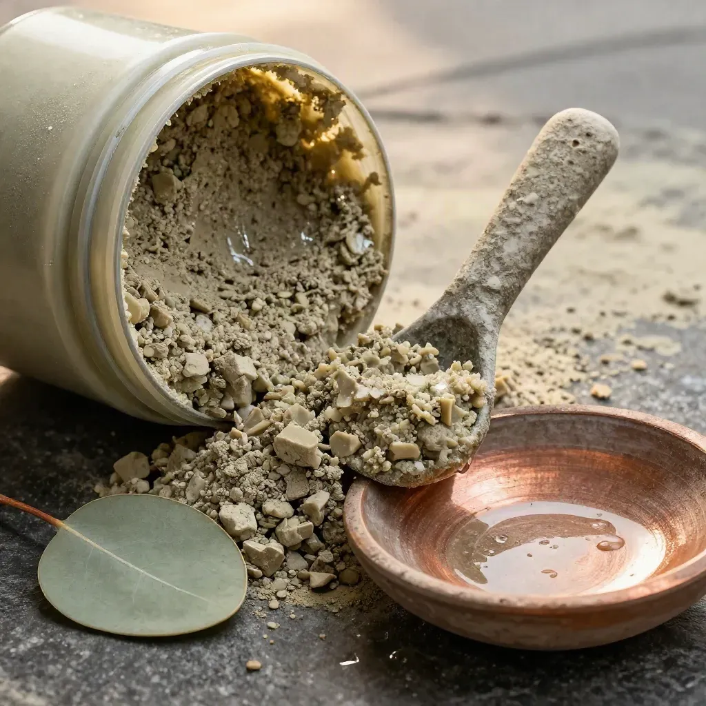 Scrub per cuoio capelluto con granuli minerali, cucchiaio in pietra e foglia di eucalipto su argilla umida