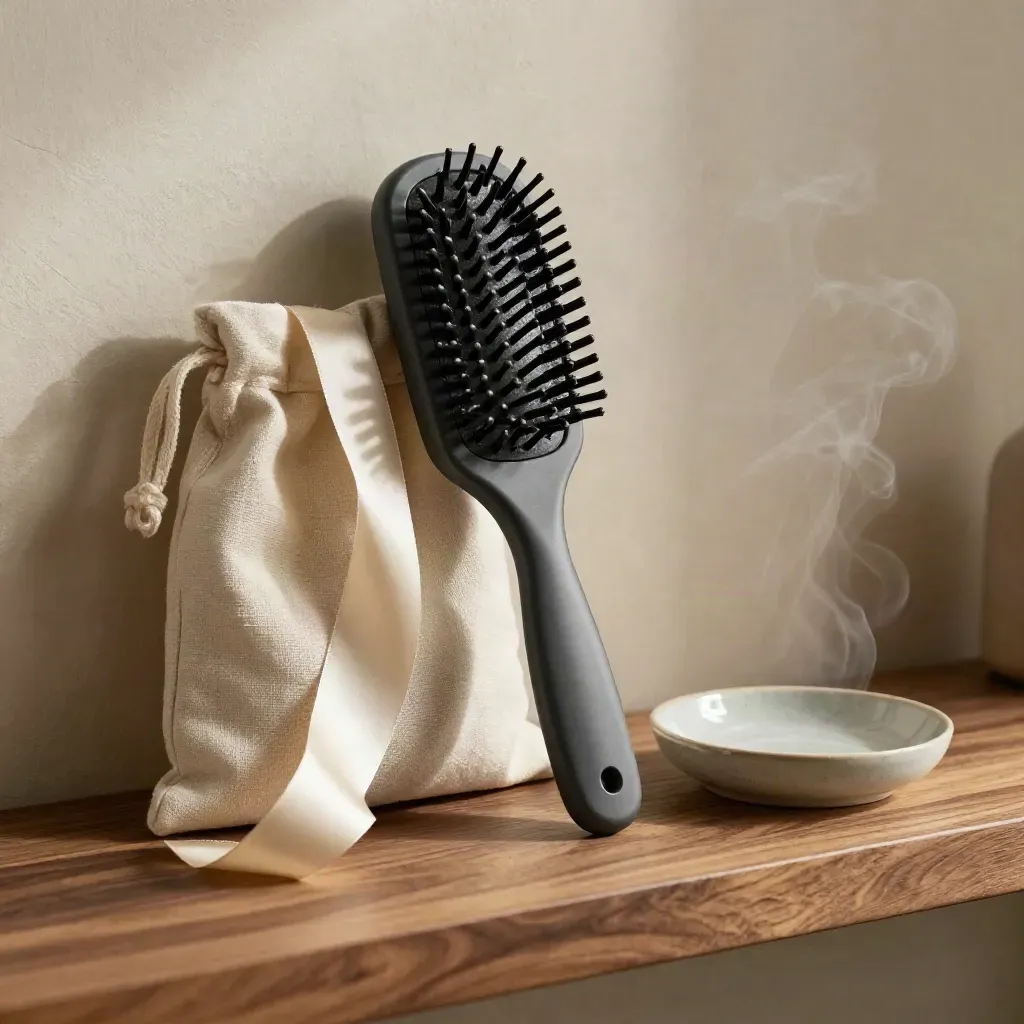 Spazzola districante con nastro di seta, sacchetto di lino e piattino ceramico su legno scuro.