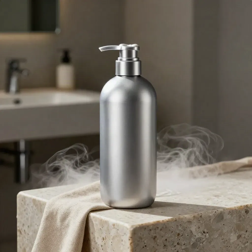 Bottiglia shampoo argento su travertino con lino piegato e luce fredda.