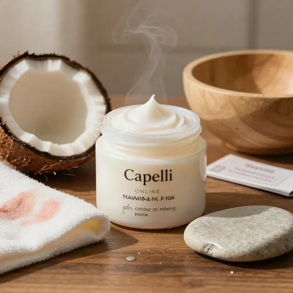 Barattolo di maschera al cocco con cocchi, panno crema e ciotola in legno su pietra.