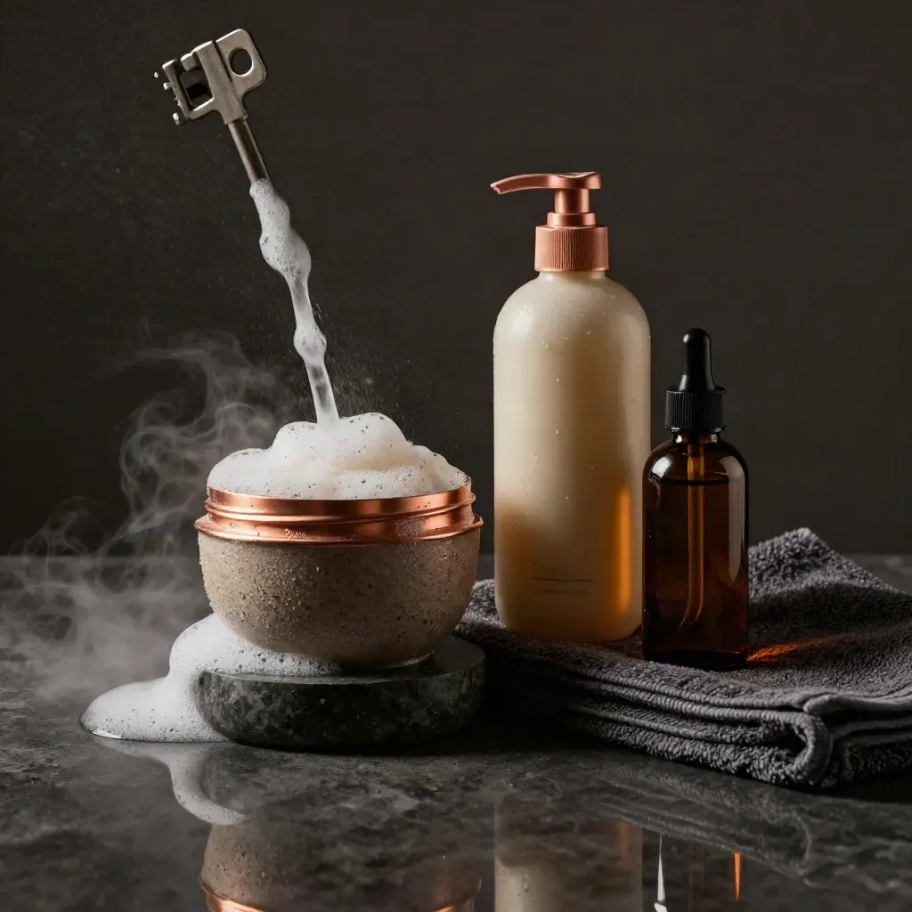 Fiala scrub, shampoo e tonico su basalto con schiuma e bagliori rame, in studio scuro.