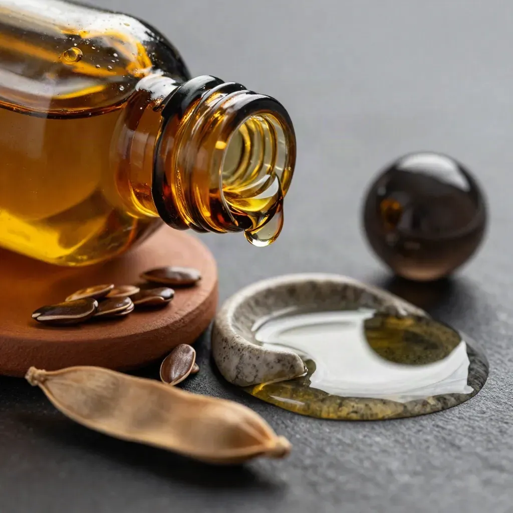 Bottiglia ambrata di olio ai semi di lino con goccia, baccelli e ciotola in pietra.
