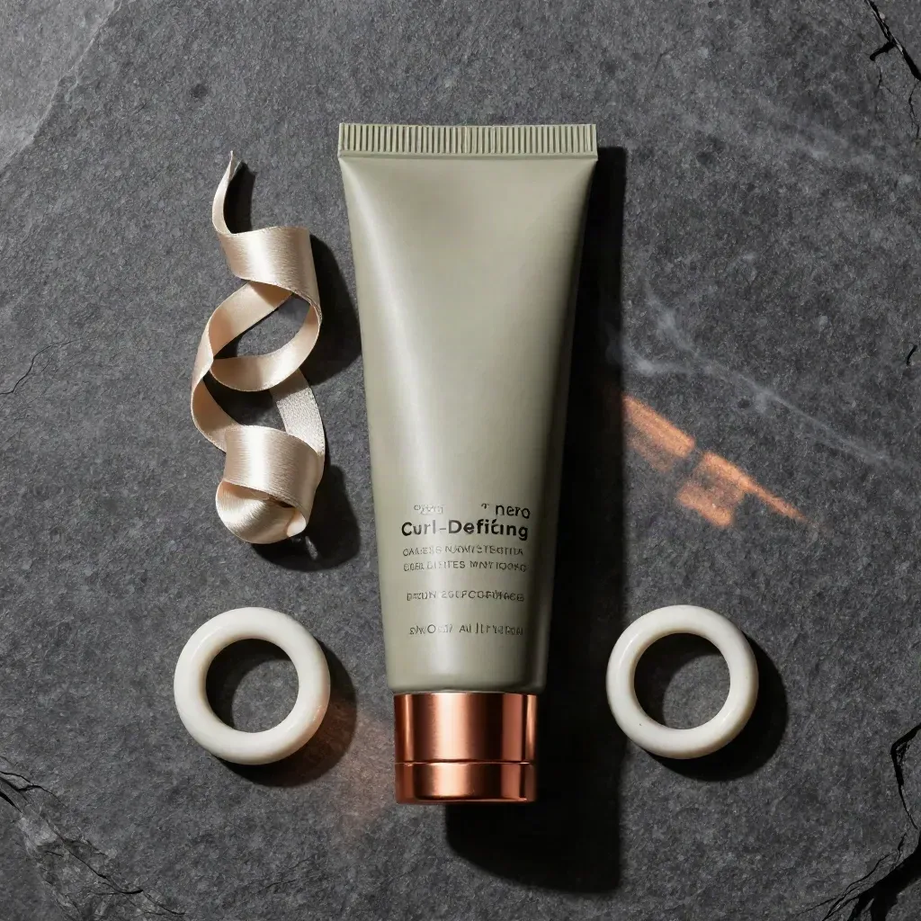 Tubo crema ricci con riccio satinato, anello in ceramica e pietra diffusore su pietra scura.