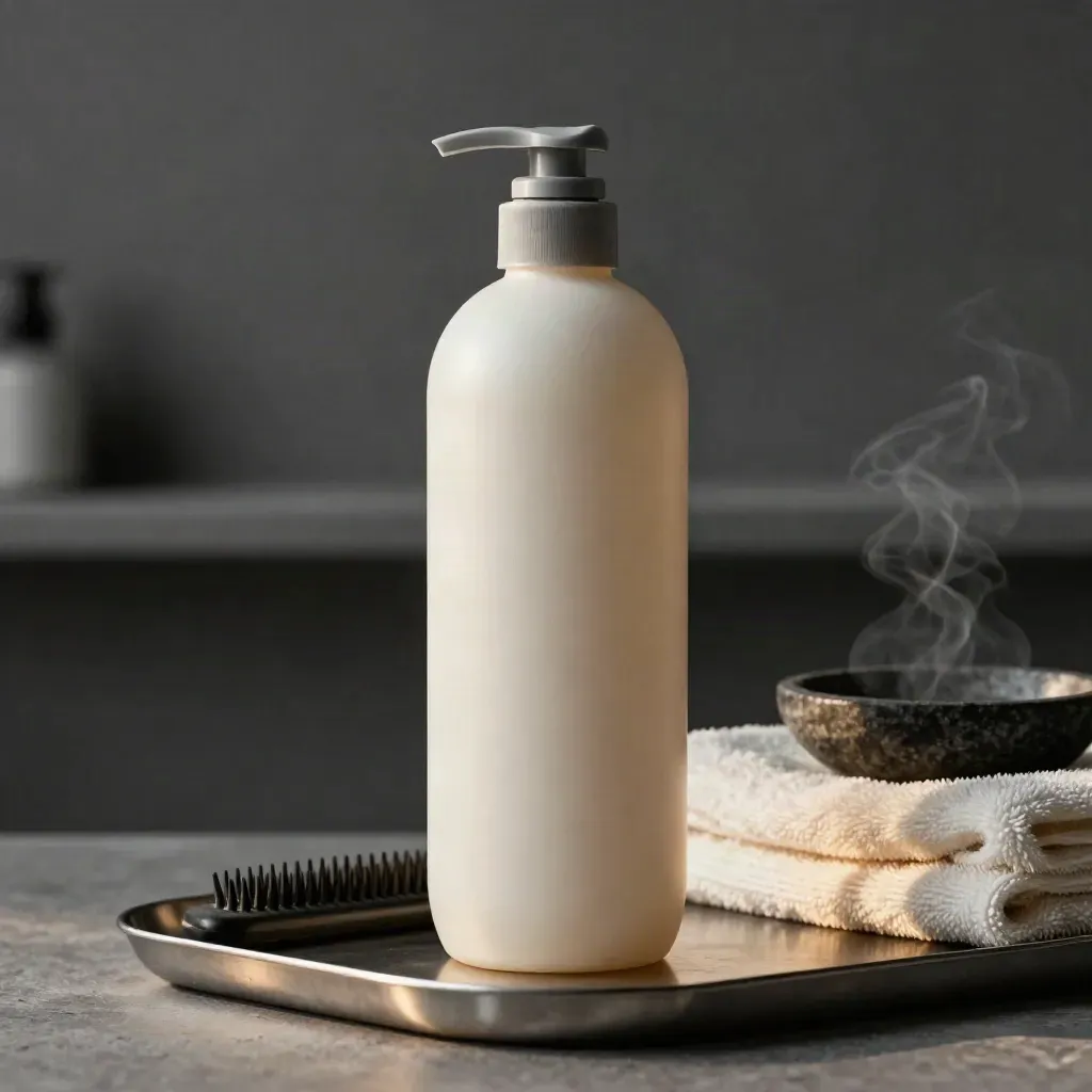 Balsamo uomo con pettine e asciugamano su vassoio metallico, luce soffusa e look premium.