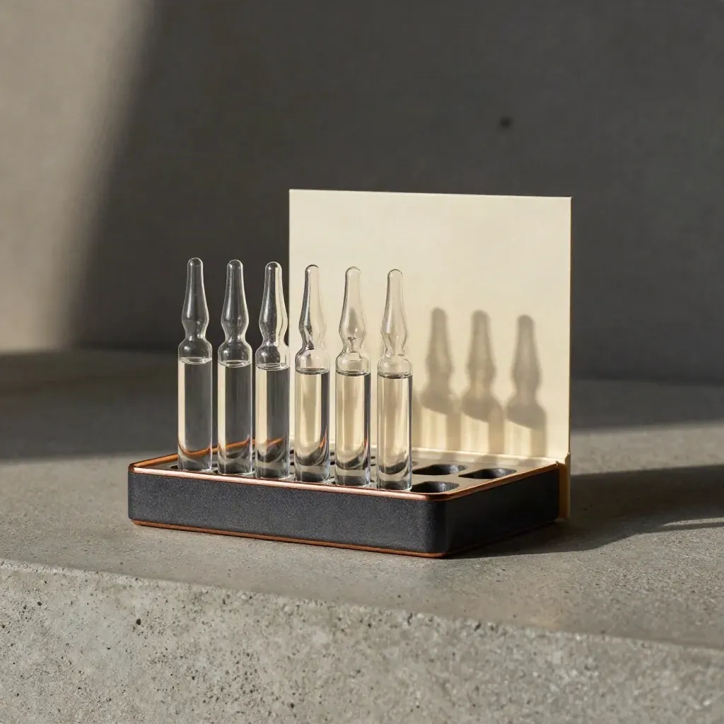 Fiale anticaduta in vetro su base ceramica scura, con dettaglio rame e sfondo crema sfocato.