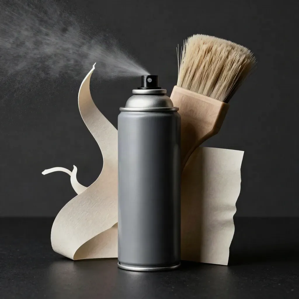 Spray volumizzante con forme di carta, spazzola e anello di lino su sfondo scuro.