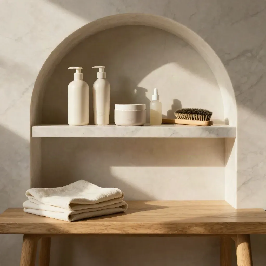 Alcova bagno in marmo con shampoo, balsamo, maschera e spazzola su panca in rovere chiaro.