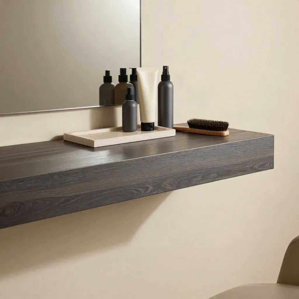 Bancone grooming in rovere scuro e acciaio, con vassoio in pietra e prodotti capelli