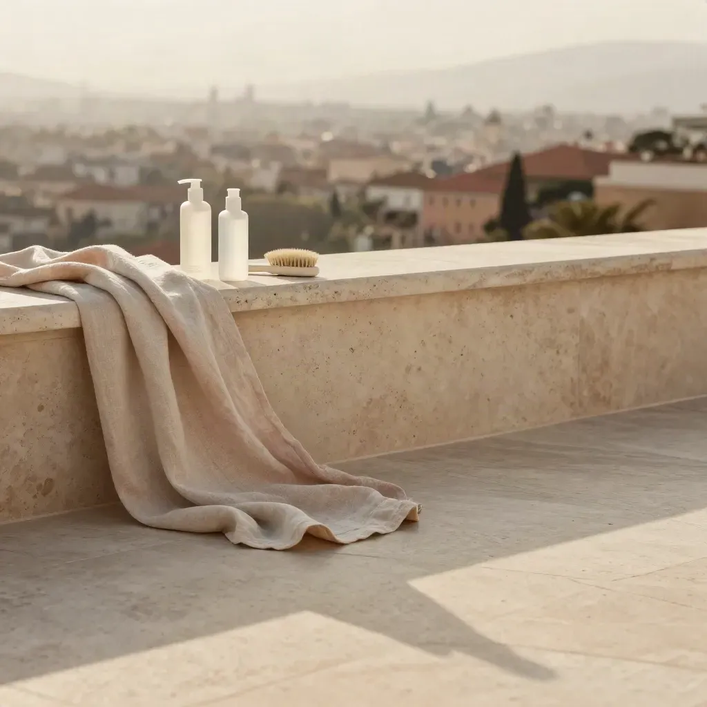 Terrazza in travertino con tessuto mosso dal vento e skyline sfocato al tramonto